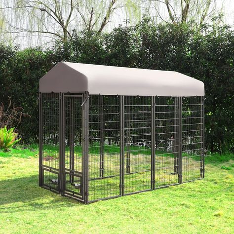 Veikous 4 ft. x 8 ft. Outdoor Dog Kennel In-Ground Fence with Rotating Feeding Door and Cover at Tractor Supply Co. Indoor Dog Pen, Dog Kennel Roof, Dog Enclosure, Metal Dog Kennel, Outdoor Dog Kennel, Dog Pens, Pet Kennels, Dog Kennel Outdoor, Steel Fence