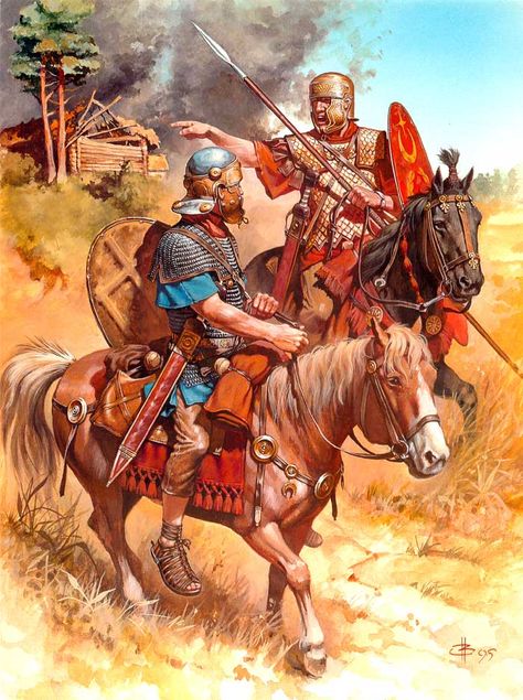 At the height of the Roman empire in second century AD, legionaries represented less than half of the entire army. Most of the army were auxiliary soldiers! They served as infantry, archers, cavalry, and slingers! Roman Cavalry, Roman Army, Roman Warriors, Historical Warriors, Roman Legion, Historical Illustration, Roman Era, Rome Antique, Heroic Fantasy