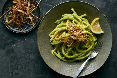 Leeks Pasta Recipe, New York Times Recipes, Leek Pasta, Nyt Recipes, Creamy Vegan Pasta, Butternut Squash Puree, Vegetarian Entrees, Lemon Pasta, Nyt Cooking