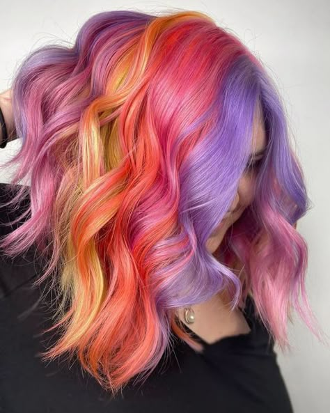 Pastel Hair Color Ideas, Rainbow Hair Ideas, Colourful Hair Ideas, Curly Hair For Women, Hair Color Placement, Unicorn Nail Art, Fantasy Hair Color, Hair Coloring Ideas, Sunset Hair