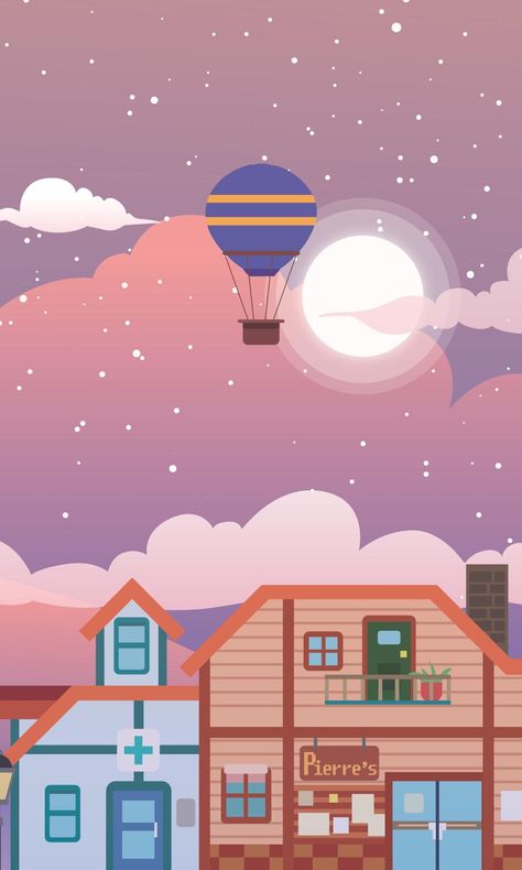 Stardew Valley art > Hot Air Balloon Ride Over Pelican Town > Pierre's General Store > Harvey's Clinic | phanachudoll Stardew Valley Farms, Stardew Valley Layout, Stardew Valley Fanart, Hot Air Balloon Rides, Wallpaper Dekstop, Air Balloon Rides, Stardew Valley, Kawaii Wallpaper, Laptop Wallpaper