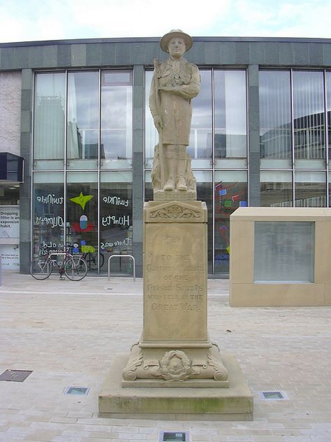 Boy Scouts' War Memorial, Nelson  "To the glorious memory of the Nelson Scouts who fell in the Great War."    Scout Memorial, Nelson, Lancashire - The memorial is of a young boy scout in full uniform and stands on the forecourt area between Nelson Town Centre Library, the Town Hall and the new Liberata Business Centre. It was recently refurbished to a high standard by Pendle Borough Council and is one of a few such statues in the UK which commemorates Scouting losses in the Great War  Wikipedia Nelson Lancashire, Victoria Park, Boy Scout, Business Centre, Town Hall, All About Me!, Boy Scouts, Public Art, Red Rose