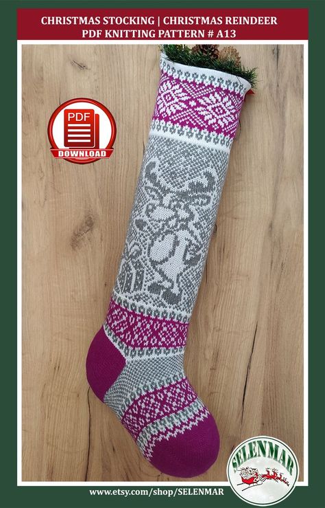 Pattern fair isle knitted large Christmas stockings Reindeer Xmas sock DIY Christmas gift idea Deer Christmas stocking knitting pattern #A13 Stocking Diy, Fair Isle Christmas, Reindeer Stocking, Holiday Knits, Reindeer Gifts, Santa Socks, Christmas Sock, Christmas Stocking Pattern, Diy Socks