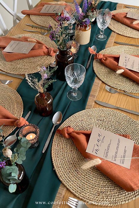 Burnt Orange Table Setting Dining Rooms, Teal And Burlap Wedding, Wedding Burnt Orange And Teal, Teal And Amber Wedding, Purple Burnt Orange Wedding, Dark Teal Wedding Table Setting, Teal And Rust Wedding Table Decor, Teal And Burnt Orange Wedding Arch, Fall Teal Wedding Colors