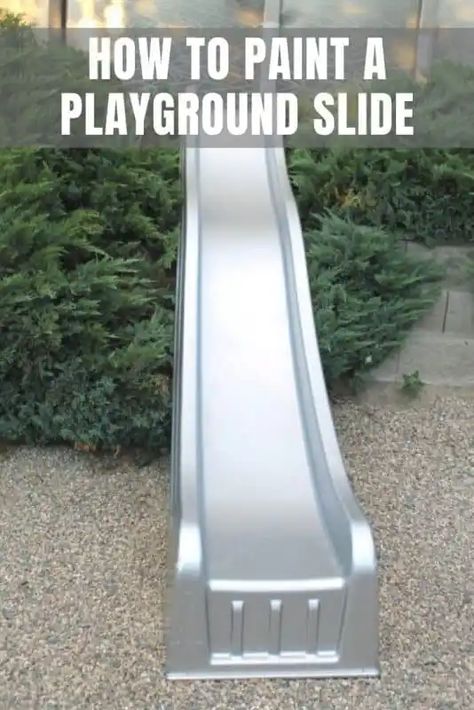 Painting Outdoor Plastic Slide, Wood Playground Makeover, Tree Slide Ideas, Diy Playground Upgrades, Cheap Diy Playground Ideas, Old Playground Makeover, Swingset Makeover Paint, Kids Slides Outdoor, Playhouse Swingset Makeover