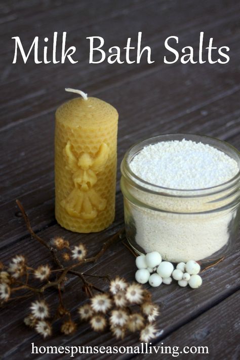 Enjoy a soothing and luxurious bath with these easy and frugal DIY milk bath salts full of healing and skin-softening properties. Herbal Gifts, Milk Bath Recipe, Hamper Ideas, Salt Bath, Seasonal Living, Bath Recipes, Soothing Bath, Christmas Hamper, Homemade Beauty