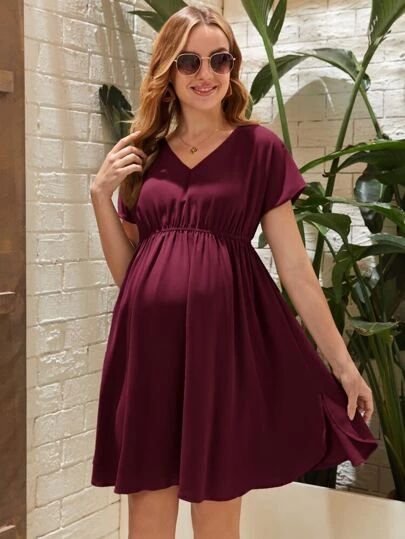 Simple Maternity Dress, Red V-neck Maternity Dress, Solid Color Short Sleeve Maternity Dresses, Solid Color Short Sleeve Maternity Summer Dress, Solid Color Short Sleeve Maternity Dress For Summer, Summer Solid Color Maternity Dresses, Short Sleeve Mini Maternity Dress For Summer, Summer Maternity Mini Dress With Short Sleeves, V-neck Mini Dress For Maternity, Spring Season