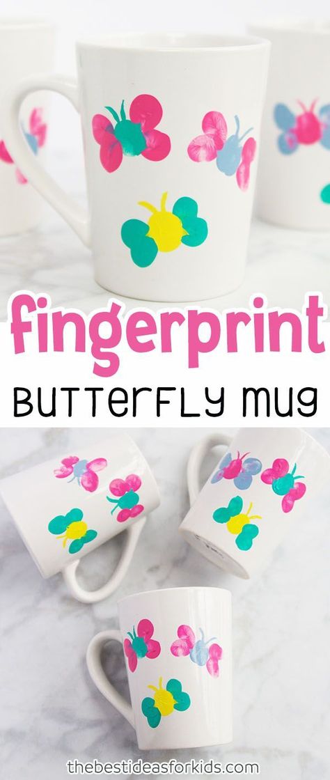 Thumprint Butterfly Mug Kids Craft for Spring or Mother's Day. Mug Painting Ideas, Mug Painting DIY, Mug Painting Ideas Ceramic, Paint Your Own Mug, Mug Painting Ideas, Craft For Spring, Mug Painting, Cadeau Grand Parents, Diy Mother's Day Crafts, Butterfly Mug, Keepsake Crafts, Mug Crafts