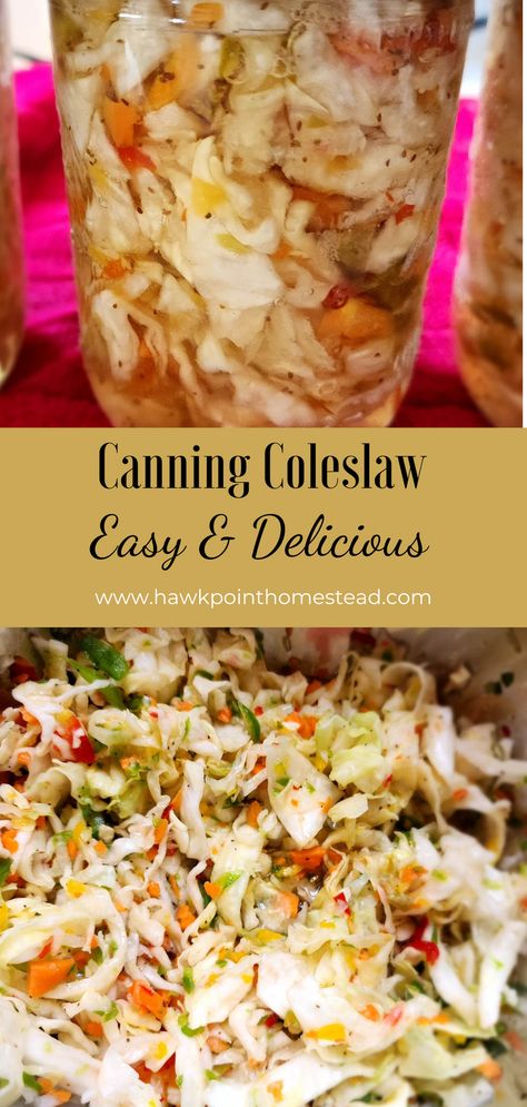 Canning coleslaw is something you might not think possible. I have canned it several times and love it. I have had it at get-togethers and everyone else loved it also. Having it on hand for last-minute dinners, a great side dish, or for unexpected guests are all perks for this delicious recipe. It turns out wonderful and crispy. You can eat it right out of the jar! Or you can drain it, add mayonnaise, and it tastes yummy like that. Use it for relish on hot dogs! Coleslaw Recipe For Canning, Canning Slaw, Canned Coleslaw Recipe, Canned Side Dishes, Canning Coleslaw Recipe, Pickled Coleslaw Recipe, Canning Coleslaw, Canned Coleslaw, Canning Cabbage Recipes