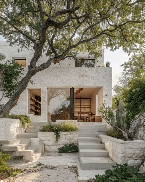 Casa de Piedra: A Contemporary Ode to El|Visualization Nature And Buildings Aesthetic, Organic Exterior Architecture, Italian Modern House, Coastal Modern House, Organic Modern Architecture, Greek Style House, Bali Inspired Home, Modern Organic Architecture, Garden Layering