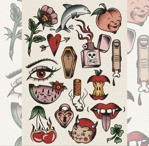 Traditional flash tattoo sheet. Coffin. Watermelon. Vampire teeth. Cherries. Apple core. Finger tat. Clover. Cherub devil. Peach. Dolphin. Flower Apple Core Tattoo, Vampire Teeth Tattoo, Apple Tattoos, Flash Tattoo Sheet, Traditional Flash Tattoo, Apple Tattoo, Vampire Tattoo, Tooth Tattoo, Tattoo White