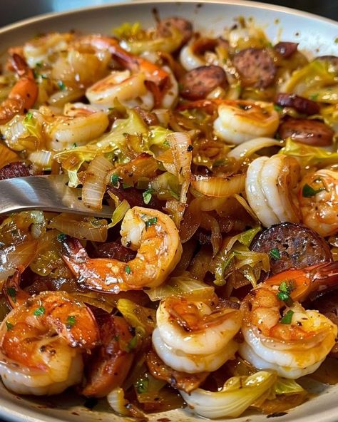 Crisp Recipes Steak And Shrimp Pasta, Fried Cabbage With Shrimp, Sausage And Bacon, Crisp Recipes, Recipes Steak, Shrimp Sausage, Louisiana Cajun, Steak And Shrimp, Bacon Recipe