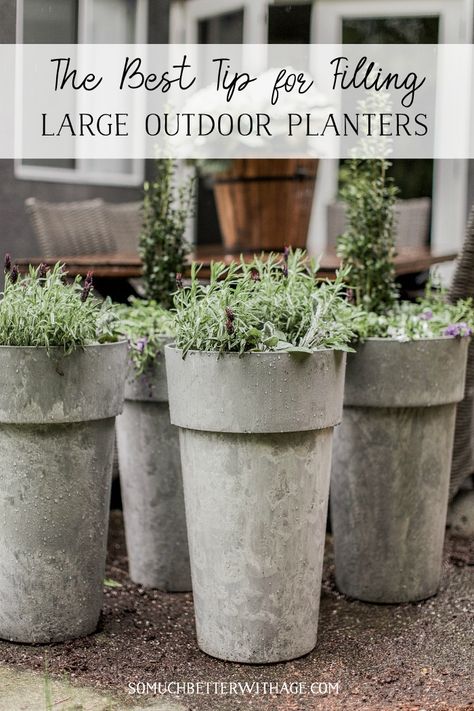 The Best Tip for Filling Large Outdoor Planters | So Much Better With Age | Ready to start your spring pots and planters? This quick and easy tip makes it easier to fill pots without using tons of potting soil! #gardening #plantingflowers Large Garden Planters, Summer Planter, Large Outdoor Planters, Gray Planter, European Decor, Picture Frame Molding, Tall Planters, Outdoor Pots, Large Planters