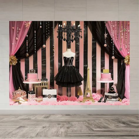 Luxury Pink Black Fashion Backdrop Thick Durable Polyester - Temu Tower Birthday Cake, Fashion Backdrop, Paris Theme Party Decorations, Paris Theme Party, Background Studio, Dress Photography, Cake Party, Pregnant Wedding, Studio Props