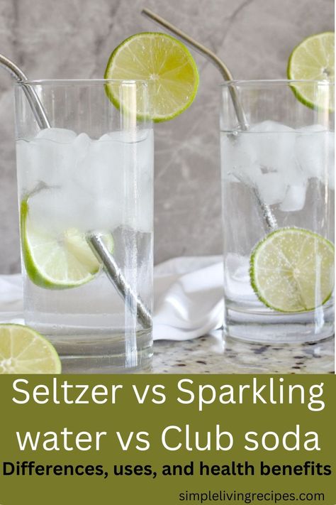 One cup of seltzer water next to one cup of sparkling mineral water, both with ice and garnished with lime wheel. Best Sparkling Water, Seltzer Water Recipes, Diy Sparkling Water, Club Soda Drinks, Sparkling Water Cocktails, Sparkling Water Cocktail, Low Calorie Cocktails, Healthy Soda, Lime Water