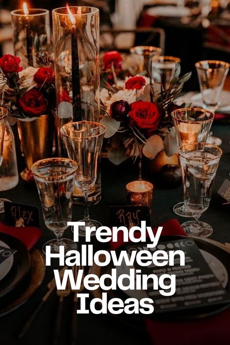 Spooky Romantic Wedding, Goth Halloween Wedding, Halloween Seating Chart Wedding, Classy Halloween Wedding Ideas, Halloween Forest Wedding, Halloween Rehearsal Dinner Ideas, Costume Wedding Theme, Romantic Halloween Wedding, Halloween Themed Wedding Cakes