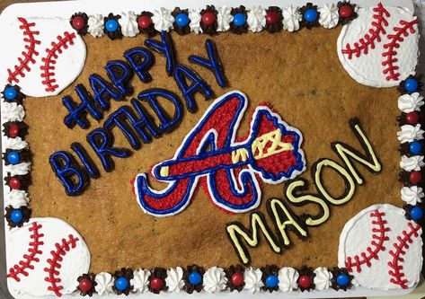 Baseball Themed Cookie Cake, Atlanta Braves Cupcakes, Atlanta Braves Birthday Party Ideas, Braves Themed Party, Braves Cake Ideas, Baseball Cookie Cake Ideas, Braves Birthday Cake, Atlanta Braves Birthday Party, Braves Birthday Party