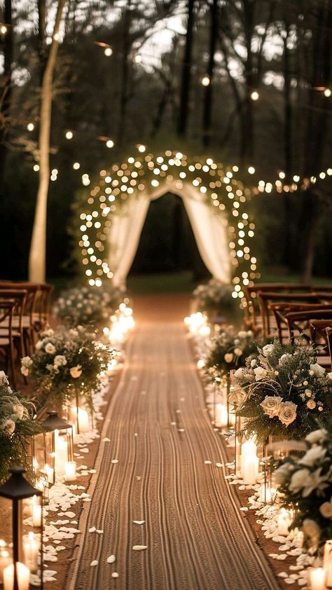 Small Outside Country Wedding Ideas, Night Time Ceremony Wedding Ideas, Small Outdoor Wedding Ideas Budget, Wedding Decorations Altar, Outdoor Dusk Wedding, Outdoor Decor Engagement, Wedding Ceremony Lighting, Wedding Decor Aisle Walkways, Wedding Ceremony Venue Ideas