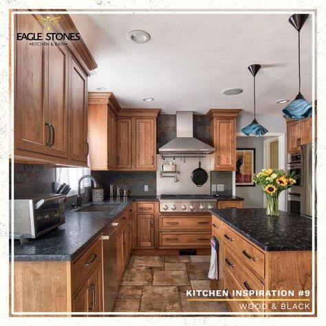 Walnut Kitchen Cabinets, Affordable Kitchen Cabinets, Hickory Kitchen Cabinets, Black Kitchen Countertops, Hickory Kitchen, Clean Kitchen Cabinets, Black Granite Countertops, Kitchen Cabinets And Countertops, Small Apartment Kitchen