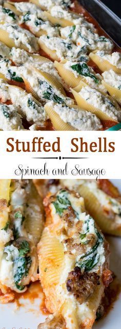 Easy Cheesy Stuffed Shells are a delicious main deal for the whole family. This recipe combines ricotta, mozzarella, and paresean cheeses, and spinach stuffed into the shells. A layer of Italian sausage completes the meal. Serve with a side salad. A family favorite Italian dinner! Cheesy Stuffed Shells, Sausage Stuffed Shells, Spinach Stuffed Shells, Makanan Italia, Resep Pasta, Shells Recipe, Pasta Shells, Zuppa Toscana, Stuffed Shells Recipe