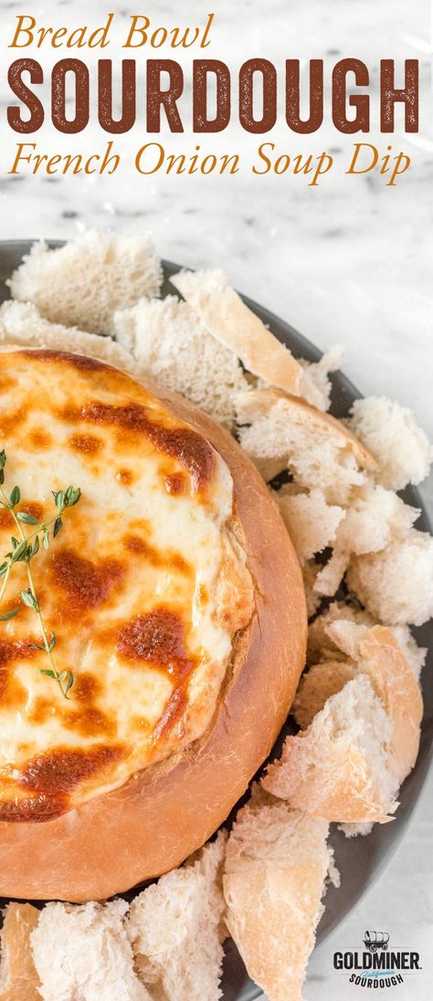 Sourdough Bread Bowl French Onion Soup Dip: Love melty cheesy appetizers? This French Onion Soup Dip is for you! Serve it inside a California Goldminer Sourdough Non-GMO Boule with pieces of the bread filling as dipping croutons.  #appetizers #holidayentertaining #frenchonionsoup #dips #breadbowl Sourdough Bowl Dip, French Onion Bread Bowl, Bread Bowl Dinner Ideas, Dip For Sourdough Bread, Sourdough Appetizers, French Onion Soup Dip, Onion Soup Dip, Cheesy Appetizers, Cooking Decor