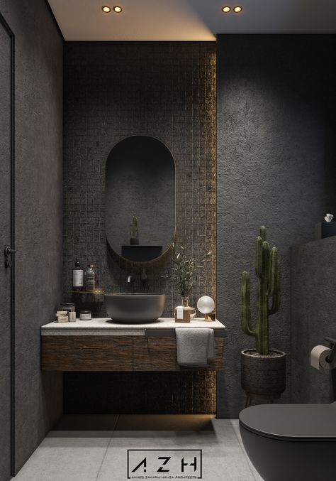 Black Bathroom on Behance Bathroom Interior Design Luxury Black, Dark Modern Bathroom, Small Dark Bathroom, Black Modern Bathroom, Bathroom Interior Design Luxury, Luxury Bathroom Interior, Bathroom Design Black, Dark Bathrooms, Restroom Design