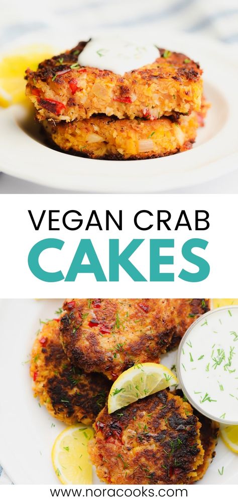 Baked Crab Cakes, Quick Vegan Dinner Recipes, Vegan Crab Cakes, Vegan Crab, Vegan Appetizer, Lemon Aioli, Hearts Of Palm, Vegan Fish, Easy Vegan Dinner