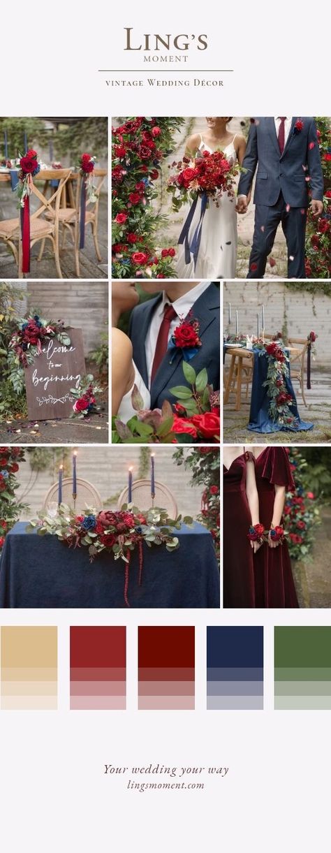 Slate Blue And Red Wedding, Blue Red Gold Wedding Theme, Red And Blue Centerpieces Wedding, Red Blue Black Wedding, Midnight Blue And Red Wedding Theme, Indian Wedding Decor Color Schemes, Navy Blue And Red Wedding Theme Colour Schemes, Red Black Royal Blue Wedding Theme, Red Blue And Green Wedding