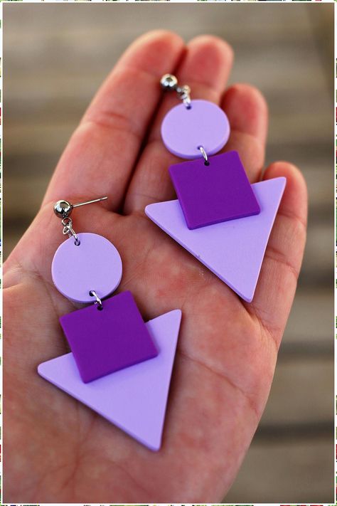 Add a touch of elegance to your jewelry collection with minimalist jewelry from Amazon. 80s Clay Earrings, Purple Clay Earrings, Triangle Earrings Dangle, Cercei Din Lut Polimeric, Lilac Earrings, Large Dangle Earrings, Polymer Earrings, Polymer Clay Jewelry Diy, Clay Jewelry Diy