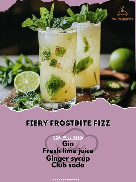 ❄️🔥 Chill out and heat up with our Fiery Frostbite Fizz—a cocktail with a cool punch and spicy kick! 🌶️🍸 #FieryFrostbiteFizz #CocktailFusion Fiery Frostbite Fizz Ingredients: Gin (2 oz) Fresh lime juice (1 oz) Ginger syrup (1/2 oz) Club soda (2 oz) Fresh jalapeño slice (1) Ice (as needed) Lime twist (for garnish) Fresh mint sprig (for garnish) Instructions: In a shaker, mix gin, lime juice, and ginger syrup with ice. Shake well and strain into a glass filled with ice. Top with club soda a... Spicy Cocktail, Yummy Alcoholic Drinks, Ginger Syrup, Mint Sprig, Gin Fizz, Club Soda, Holiday Drinks, Fresh Lime, Fresh Mint