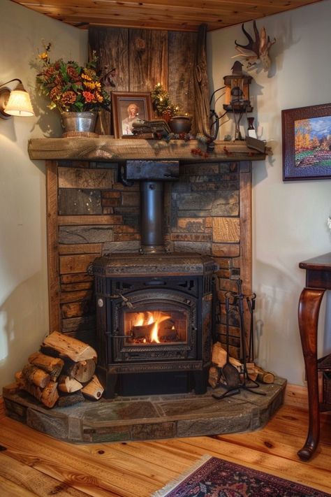 Primitive Fireplace Ideas, Corner Wood Burning Stove Ideas, Rustic Corner Fireplace, Corner Wood Stove Ideas, Living Room With Stove, Wood Burning Stove Corner, Corner Wood Stove, Wood Stove Hearth, Wood Burning Stoves Living Room