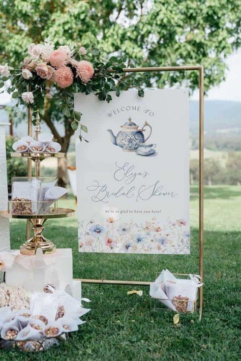 32 Fun Bridal Shower Party Ideas - LADY WEDDINGS Lets Have Tea With The Bride To Be Sign, Bridal Shower Tea Party Backdrop, Bridal Shower Ideas Tea Party Theme, Bridal Shower Garden Tea Party, Blue Tea Party Bridal Shower Ideas, Tea With The Bride To Be Decor, High Tea Bridal Shower Ideas Decorations, Wildflower Tea Party, Bridal Shower Ideas Tea Party