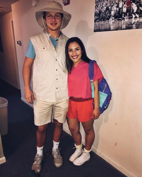 Pong Tournament Outfits, Dora And Boots Costume Couple Halloween, Dora And Boots Costume, Cheap Couples Halloween Costumes, Carnaval Outfits, Dora And Diego, Partner Costumes, Mom Prom, Halloween Customer