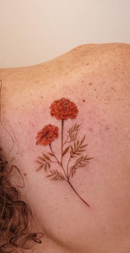 Marigold Petals Tattoo, Mexican Marigold Tattoo, Cosmos And Marigold Tattoo, Calendula Flower Tattoo, Simple Marigold Tattoo, Marigolds Tattoo, Orange Flower Tattoo, Mexican Tattoo For Women, October Tattoo Ideas