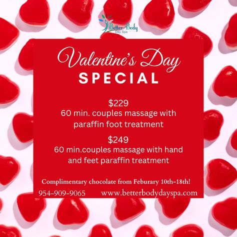 Valentine's Day is right around the corner and to celebrate love, friendship and admiration, we're giving you and your sweetheart great deals on our already low priced massages! Book today by giving us a call at 954-909-9065! #valentinesday #spa #fortlauderdale Massage Business, Better Body, Body Spa, Valentine Day Special, Celebrate Love, Reflexology, Massage Therapy, Non Alcoholic, A Call