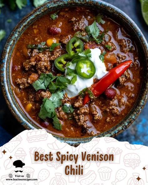 Warm up with our Fire-Roasted Spicy Game Chili—packed with smoky flavors, tender venison, and a kick of spice. Perfect for hearty meals and wild flavor lovers! Spicy Venison Chili, Wild Game Chili Recipe, Deer Chili Recipe, Chili Recipe With Corn, Quick Supper Ideas, Deer Chili, Venison Chili Recipe, Spicy Chili Recipe, Venison Chili