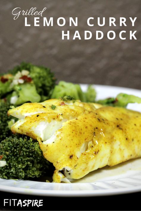 Grilled Lemon Curry Haddock Recipe - With just 5 ingredients & 30 minutes, you can enjoy a delicious fish recipe tonight! Brand new recipe made with @sizzlefish haddock and a creamy, savory marinade that is packed with flavor! @fitaspire Grilled Haddock Recipes, Grilled Haddock, Phish Food, Haddock Recipes, Grilled Lemon, Recipe Baking, Pescatarian Recipes, Fish Recipe, Healthy Fish