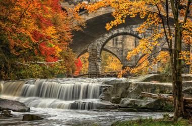 Ohio Wall Art, Waterfall Photo, Forest Waterfall, Ohio Travel, Rocky River, Stone Arch, Scenic Byway, Autumn Nature, Road Trippin