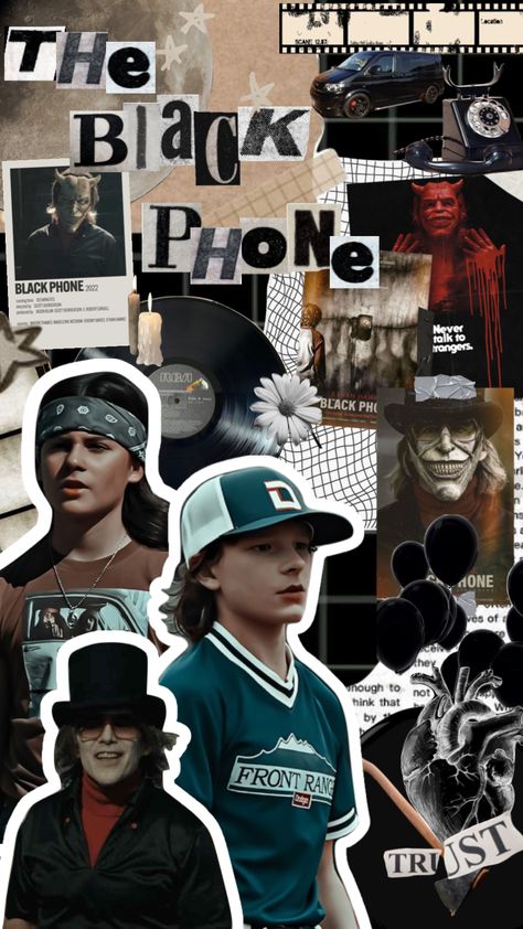 #theblackphone #horror #movies #vintage #moodboard #ethanhawke The Black Phone Background, Miguel Mora The Black Phone, Robin From The Black Phone, Robin Arellano Wallpaper, Scary Hello Kitty, The Black Phone Wallpaper, The Black Phone Movie, Phone Collage, Levi Squad