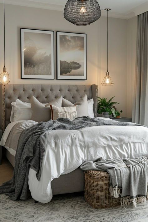 29 Grey Boho Bedroom Decor Ideas 29 Tan And Gray Bedding, Cozy Bedroom Grey Headboard, Grey And Beige Bedding, Beige And Grey Bedding, Grey Upholstered Bed Decor, Gray And Brown Bedroom Ideas, Grey And Neutral Bedroom, Gray And Beige Bedroom Ideas, Grey And Brown Bedroom