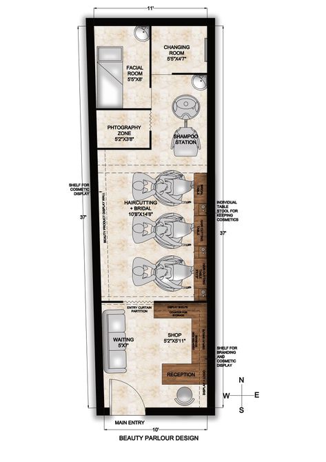 Salon Blueprint Layout, Luxury Hair Salon Design, Beauty Salon Floor Plan, Saloon Designs, Parlour Design, Reception Table Design, Facial Room, Small Salon, Parlor Floor