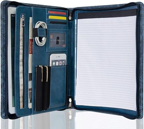 Amazon.com : AZXCG Leather Padfolio Folio, Embossed PU Leather Portfolio with Zipper, Professional Business Document Organizer with A4/US Letter Writing Pad Holder, Gift for Woman/Men(Dark Blue) : Office Products Dark Blue Office, Office Folder, Leather Padfolio, Document Organizer, Blue Office, Special Christmas Gift, Business Portfolio, Presentation Folder, Document Folder