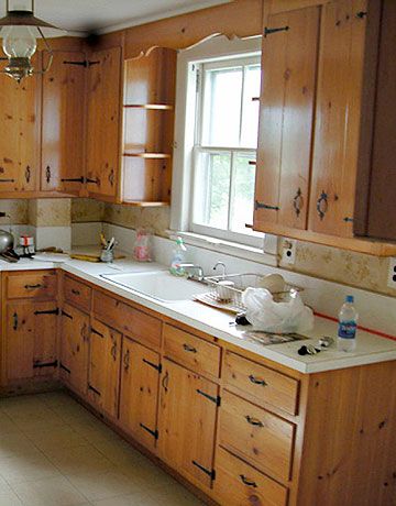 The kitchen before the remodel...light,backsplash Knotty Pine Kitchen, 1970s Kitchen Remodel, Small Kitchen Renovations, Ikea Kitchen Remodel, Kitchen Cabinet Layout, Galley Kitchen Remodel, Budget Kitchen Remodel, Pine Kitchen, Kitchen Remodel Cost