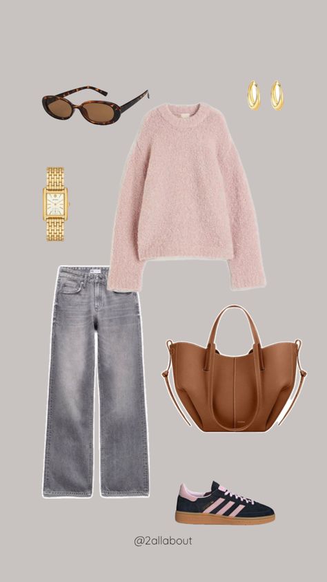 spring outfit with pink pullover, gold jewellery, polène cyme bag and adidas spezial Polene Outfit, Gold Jewellery Outfit, Pink Pullover Outfit, Gray Jeans Outfit Fall, Polene Bag Outfit, Cyme Bag, Collage Fits, Jewellery Outfit, Class Fits