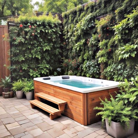 25 Backyard Hot Tub Privacy Ideas That Block Prying Eyes Privacy Fence For Hot Tub Patio, Spa Landscape Design, Above Ground Swim Spa Backyard Ideas, Hot Tub In Garden, Swimspa Landscape Ideas, Hot Tub Next To House, Hot Tub Against House, Jaccuzi Outdoor Backyards, Above Ground Jacuzzi Ideas