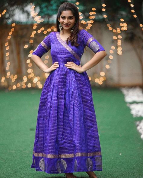 Frock Models For Women, Pattu Long Frocks For Women, Nakshathra Nagesh, Beautiful Winter Outfits, Frock Models, Frocks And Gowns, Simple Frock Design, Long Frock Designs, Long Gown Design