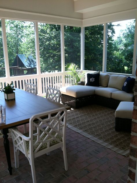 Sitting area and dining table on screened porch Deck Table And Sitting Area, Screened In Porch Table And Chairs, Deck With Eating And Sitting Area, Screen Porch Dining Table, Back Porch Dining, Porch Dining Table, Porch Sitting Area, Back Deck Decor, Enclosed Porch Ideas