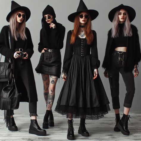 Gothic Holiday Outfit, Dark Witch Aesthetic Outfit, Punk Chic Fashion, Modern Witch Outfit, Punk Witch, Witch Clothing, Witchy Outfits, Punk Chic