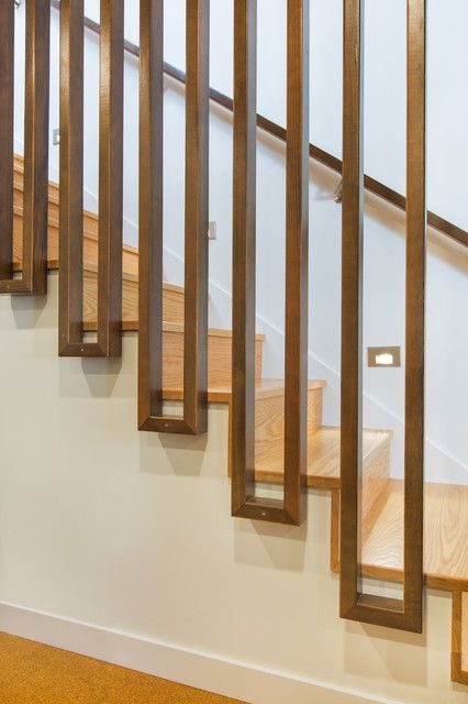 Seattle Midcentury Addition and Remodel - Midcentury - Staircase - Seattle - by H2D Architecture + Design | Houzz Mid Century Staircase, Mid Century Stairs, Blue Glass Tile Backsplash, Modern Railing, Blue Glass Tile, Modern Stair Railing, Mid Century Modern Exterior, Wood Staircase, Family Room Fireplace