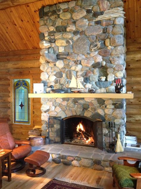 Michigan Fieldstone Fireplace - Fine Homebuilding River Rock Fireplace, Concrete Staining, Stone Fireplace Designs, Fireplace Drawing, River Rock Fireplaces, Rock Fireplace, Old Wood Floors, Cabin Fireplace, Refinishing Hardwood Floors